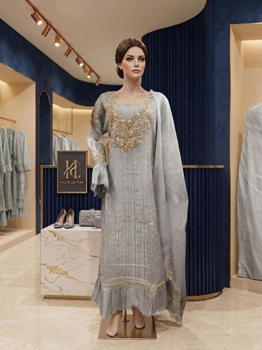 3 Piece Stitched Heavy Embroidered Khadi Net Long Frock with Organza Dupatta – Luxury Pastel Formal Wear