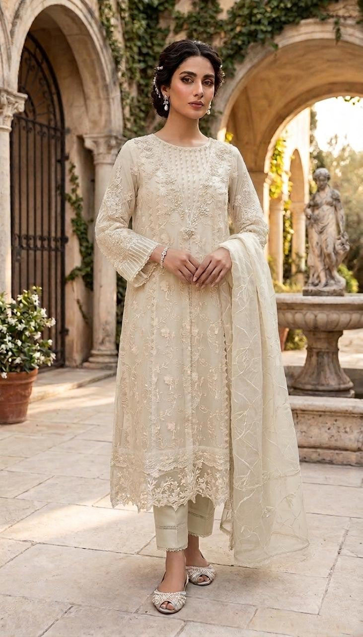 Luxury Khadi Organza Handwork Embroidered 3 Piece Suit for Women