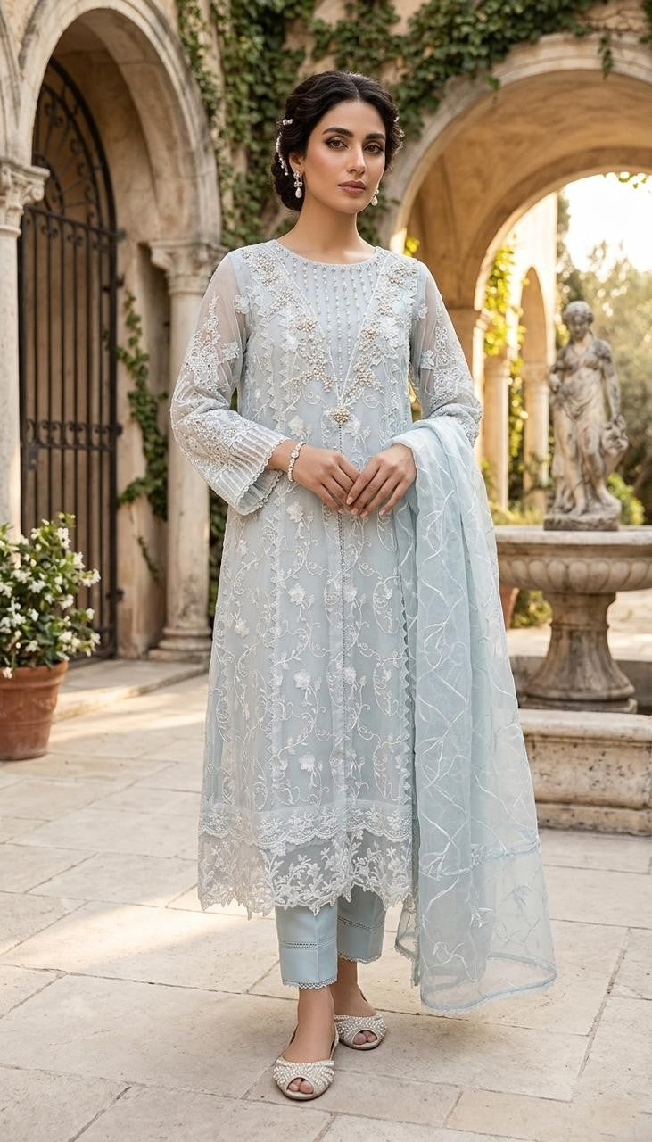 Luxury Khadi Organza Handwork Embroidered 3 Piece Suit for Women