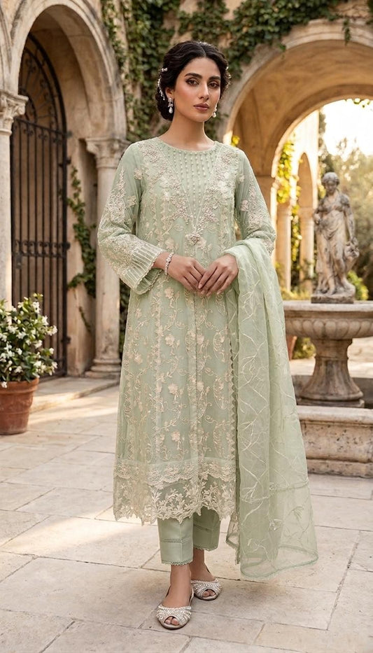 Luxury Khadi Organza Handwork Embroidered 3 Piece Suit for Women