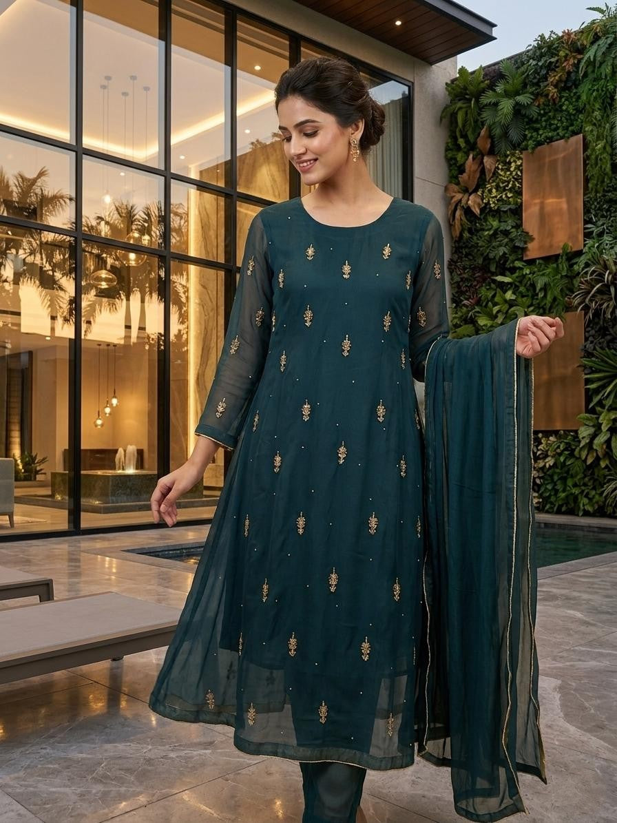 Elegant Chiffon Embroidered Frock with Dupatta – Lightweight Festive Wear