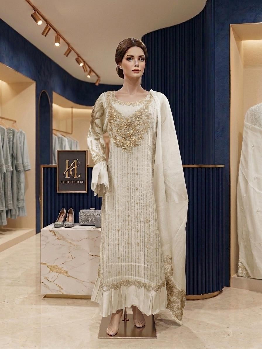 3 Piece Stitched Heavy Embroidered Khadi Net Long Frock with Organza Dupatta – Luxury Pastel Formal Wear