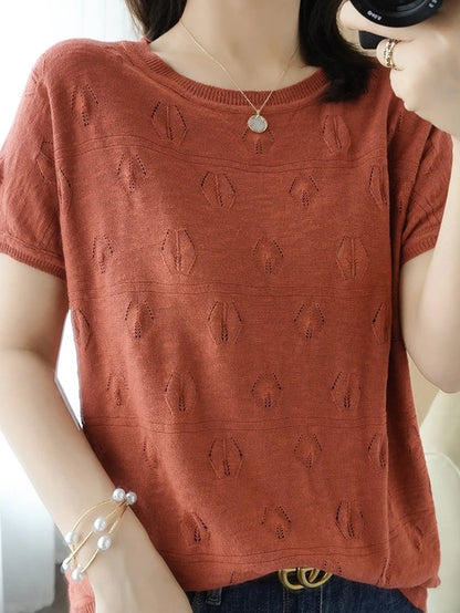 Summer Short Sleeve Women Knitted Thin Sweater Female Hollow Out O-Neck Pullover Top Ladies Solid Loose Casual Jumpers