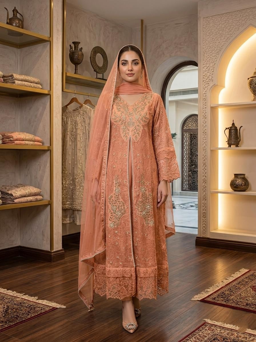 3 Piece Stitched Heavy Embroidered Luxury Maxi with Chiffon Dupatta – Royal Formal Wear