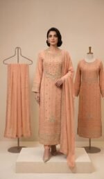 Elegant Chiffon Embroidered Long Frock with Chiffon Dupatta & Malai Trouser – Premium Formal Wear for Women