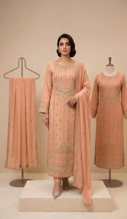 Elegant Chiffon Embroidered Long Frock with Chiffon Dupatta & Malai Trouser – Premium Formal Wear for Women
