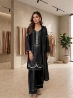 3 Piece Stitched Heavy Hand-Work Silk Suit with Chiffon Dupatta & Farshi Shalwar – Royal Festive Wear - Image 2