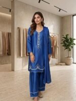 3 Piece Stitched Heavy Hand-Work Silk Suit with Chiffon Dupatta & Farshi Shalwar – Royal Festive Wear
