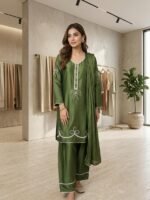 3 Piece Stitched Heavy Hand-Work Silk Suit with Chiffon Dupatta & Farshi Shalwar – Royal Festive Wear - Image 3